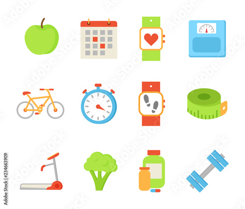 Wristwatch and Apple Fruit Set Vector Illustration