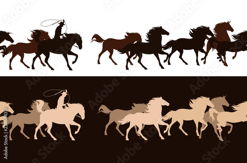 cowboy chasing a herd of wild mustang horses - horizontally seamless vector border design