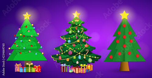 Set of cute cartoon Christmas fir trees on purple background