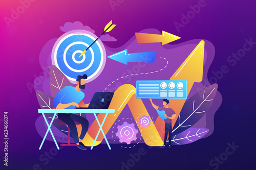Businessman with laptop, target and arrows. Business direction, strategy and turnaround, change direction campaign concept on ultraviolet background. Bright vibrant violet vector isolated illustration