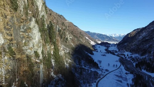 Snowy valley heading up mountain