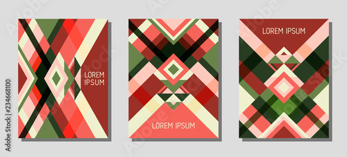 Cover page layout vector template geometric design with triangles and stripes pattern.