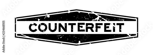Grunge black counterfeit word hexagon rubber seal stamp on white background