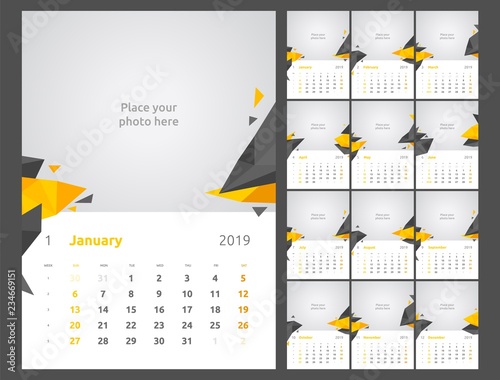 Calendar design for 2019. Week starts on Sunday. Set of 12 calendar pages vector design print template with place for photo.