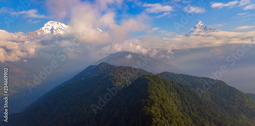 Aerial view on the Mardi Himal base camp track. Mountain range of Annapurna conservation area in Nepal