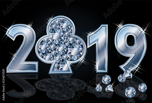 Diamond poker club Happy New 2019 Year, vector illustration