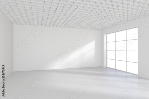 Room with windows and falling light from the window to the floor. 3D rendering.