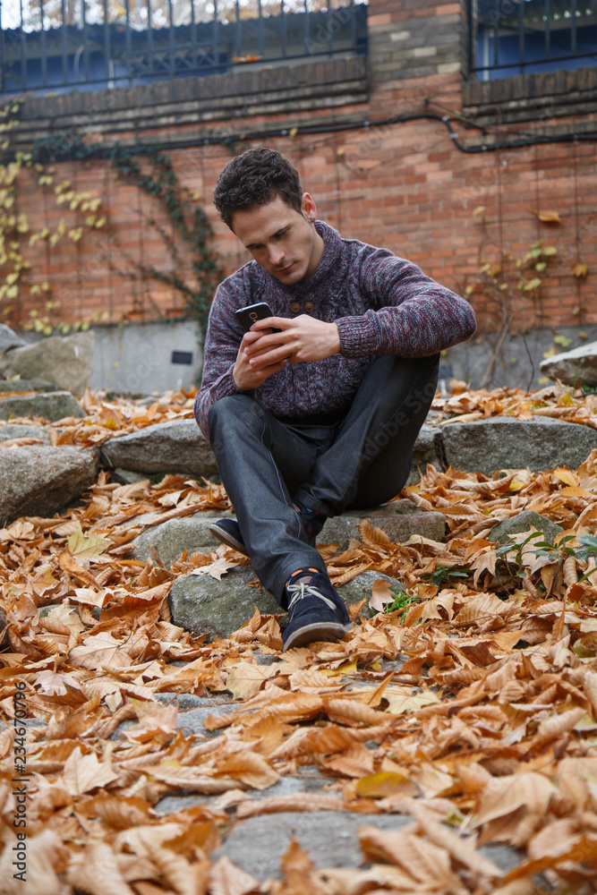 Fototapeta premium Young handsome man sitting on a rock in meadow with foliage and speaking with smartphone