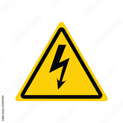 High Voltage Sign. Danger symbol. Black arrow isolated in yellow triangle on white background. Warning icon. - Vector