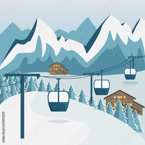 Cozy wooden Chalet in the mountains. Mountain landscape. Flat style. Ski resort.