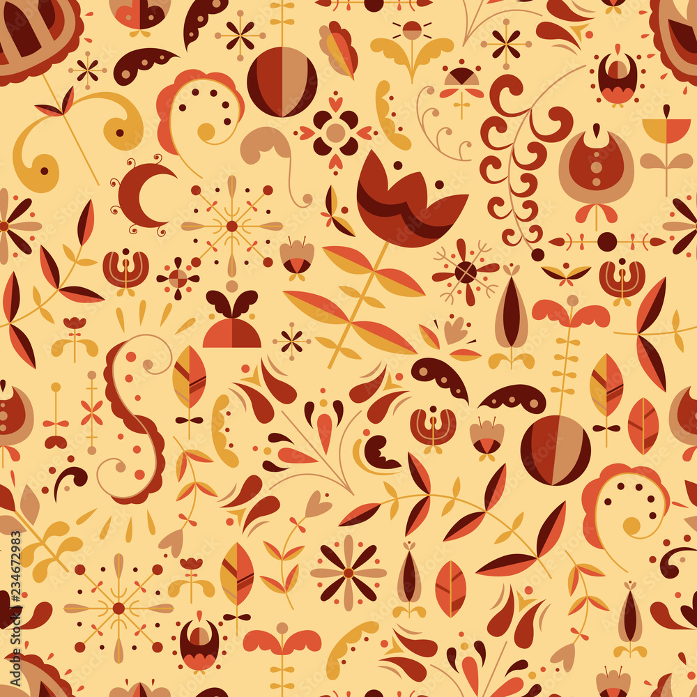 Vector seamless pattern in Scandinavian style. Flat style. Flowers and doodles. Vector seamless pattern in Scandinavian style. Flat style. Flowers and doodles.