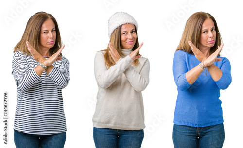 Collage of beautiful middle age woman over isolated background Rejection expression crossing arms doing negative sign, angry face