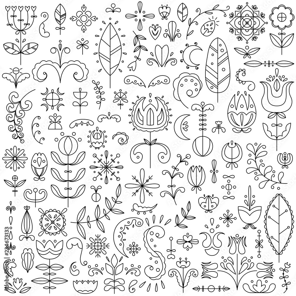 Fototapeta Zestaw linii wektorowych składający się z 90 elementów skandynawskich. Kwiaty i doodles.