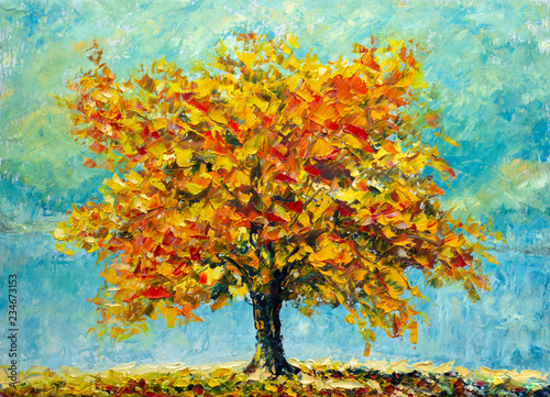 Fototapeta Wielkie jesienne drzewo na niebieskim tle nieba - impresjonizm natura sztuka współczesna impast jesień obraz pejzaż
