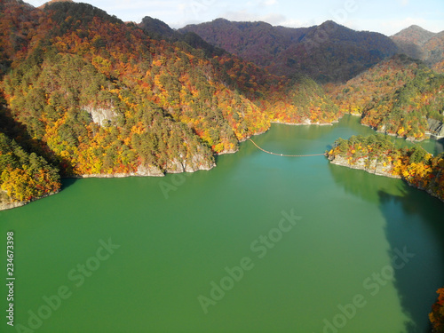 Aerial view of lake Kawamata and autumn foliage, Nikko, Tochigi, Japan