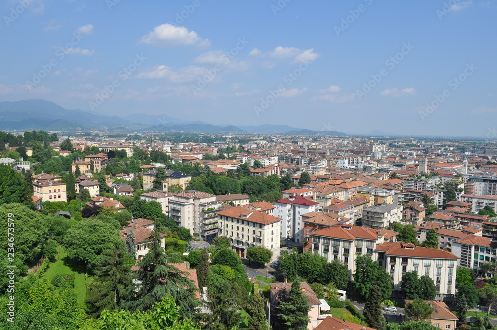 City of Bergamo in Italy. Panorama of the European city on a sunny summer day. Homeland Trufaldino.