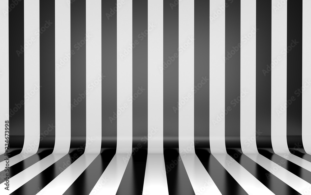Black and white vertical lines on wall and floor studio background 3D render Black and white vertical lines on wall and floor studio background 3D render