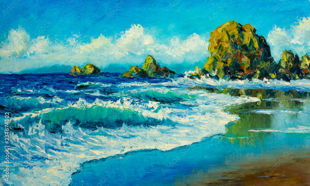 Obraz premium seascape painting sea, illustration, wave, blue, water