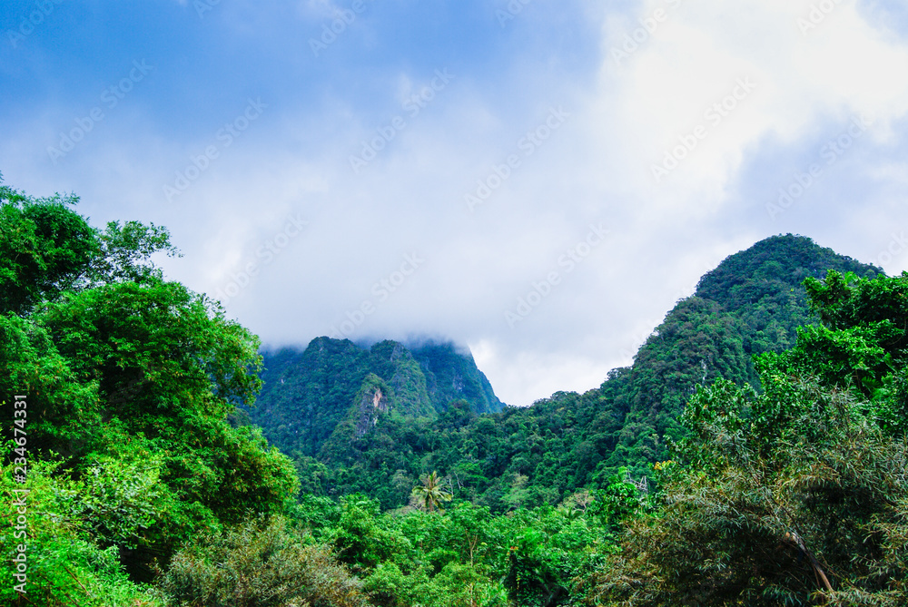 Landscape on a mountain range in a wildlife reserve in Thailand. green trees, mountains in the clouds. traveling in an asian country.