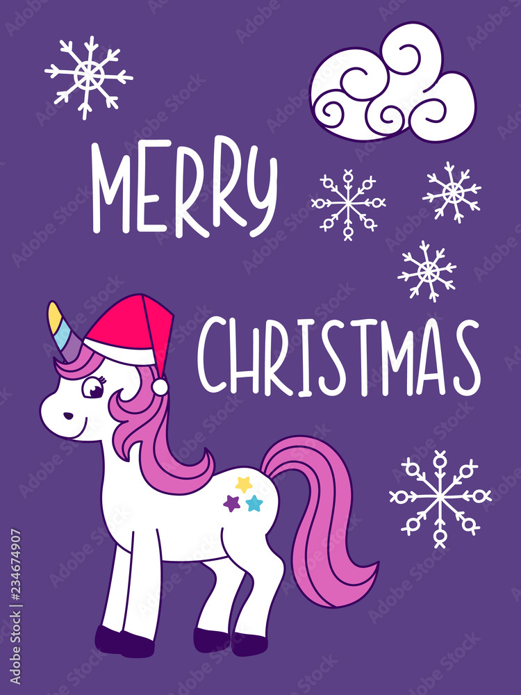 Fototapeta premium Unicorn Christmas and New Year card with snowflakes. Vector illustration, cartoon style.