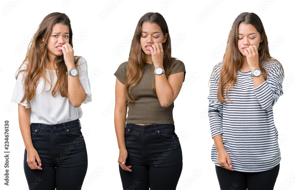 Obraz premium Collage of beautiful young woman over isolated background looking stressed and nervous with hands on mouth biting nails. Anxiety problem.
