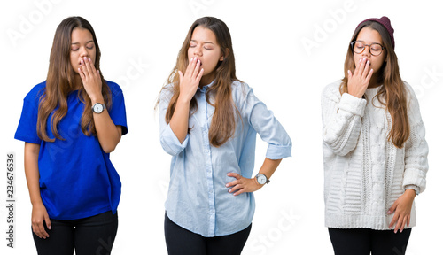 Collage of beautiful young woman over isolated background bored yawning tired covering mouth with hand. Restless and sleepiness.