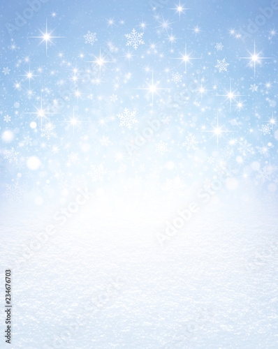 Snowflakes and stars on a winter snow covered ground