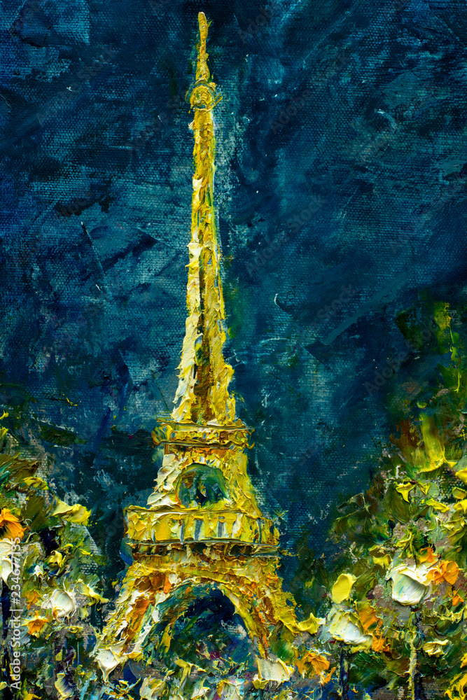 Oil Painting, Paris. European night city landscape. France, Wallpaper,  eiffel tower. Night Modern art. Lanterns trees in the park Stock  Illustration | Adobe Stock