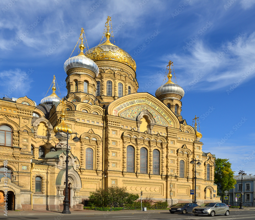 Orthodox Church of Dormition of Mother of God (1895-1897) stands towering on Vasilievsky Island, at mouth of Neva River. Saint Petersburg, Russia