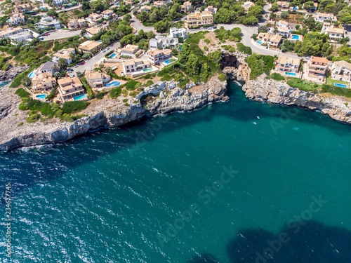 Coast of Porto Cristo with villas and natural harbor, Cala Manacor, Porto Cristo, Mallorca, Balearic Islands, Spain