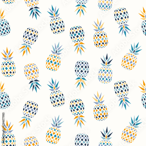 Fresh blue and yellow pineapple pattern on white colored background, seamless vector repeat. Trendy geometric style. Suitable for summer designs and all kinds of surfaces.