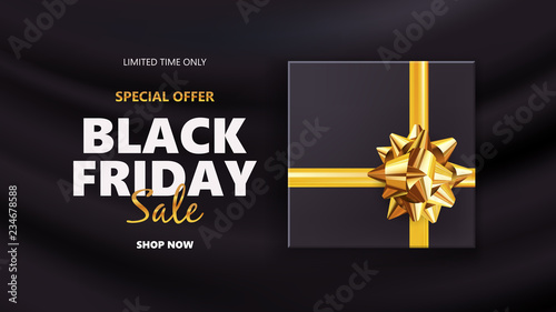 Black friday sale background with gift box and golden bow. Modern design.Universal vector background for poster  banners  flyers  card  