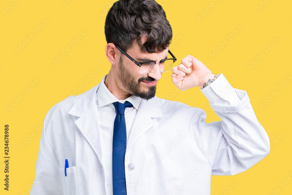 Young professional scientist man wearing white coat over isolated background stretching back, tired and relaxed, sleepy and yawning for early morning Young professional scientist man wearing white coat over isolated background stretching back, tired and relaxed, sleepy and yawning for early morning