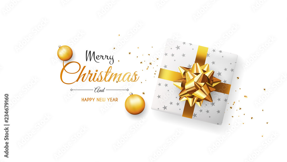 Christmas greeting card. Xmas Banner, poster, background with white gift box and ball. Vector illustration - obrazy, fototapety, plakaty 