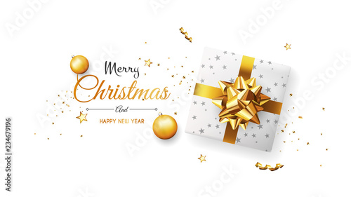 Christmas greeting card. Xmas Banner, poster, background with white gift box and ball. Vector illustration