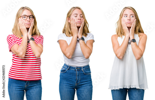 Collage of beautiful blonde woman over white isolated background Tired hands covering face, depression and sadness, upset and irritated for problem