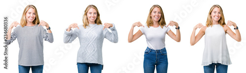 Collage of beautiful blonde woman over white isolated background looking confident with smile on face, pointing oneself with fingers proud and happy.