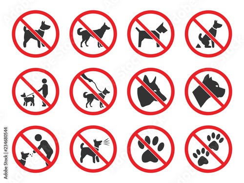 No dogs sign, dog prohibition icons set
