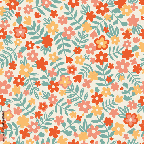 Cute soft colored mille fleur vector pattern, seamless repeat. Trendy vintage style. Great for textile & card design, home decor, backgrounds etc.