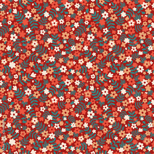Sweet mille fleur vector pattern, seamless repeat. Trendy vintage style. Warm color palette on dark red background. Ideal for apparel design, scrapbooking, wallpapers, home decor etc.