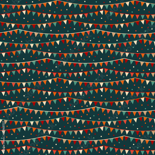 Vivid 'hello carnival' vector pattern with confetti and banderols, seamless repeat design. Bright colours on dark background, great contrast. Ideal for gift wrapping paper, scrapbooking, textiles etc.