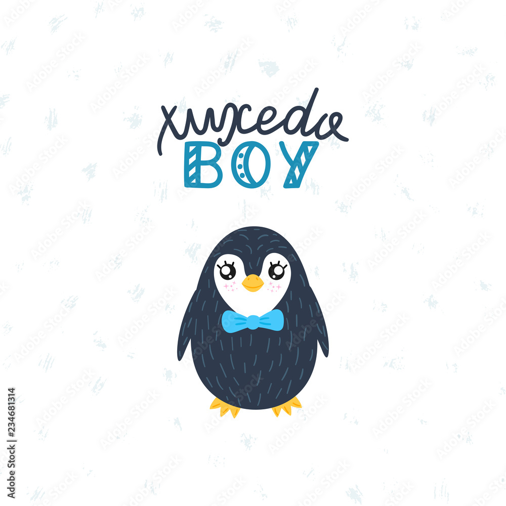 Naklejka premium Cute little penguin with bow tie. Tuxedo boy lettering. Sweet childish design for posters, banners, prints and nursery decor. Vector eps 10