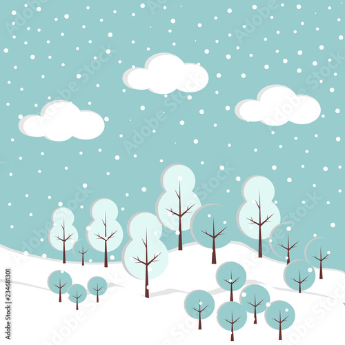 Snow forest. Pines, trees and mountain in winter. Paper vector Illustration.