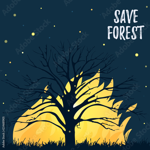 Eco Poster save forests. Burning tree silhouette photo