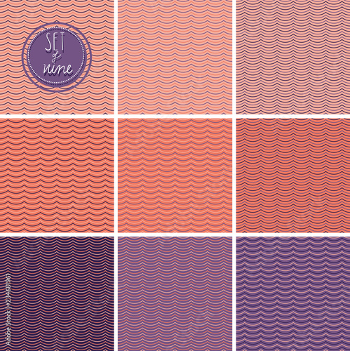 Set of nine patterns with sunset waves in orange and purple shades. Seamless vector repeat. Great for fabric design, wallpapers, backgrounds, home decor, scrapbooking, wrapping paper etc.