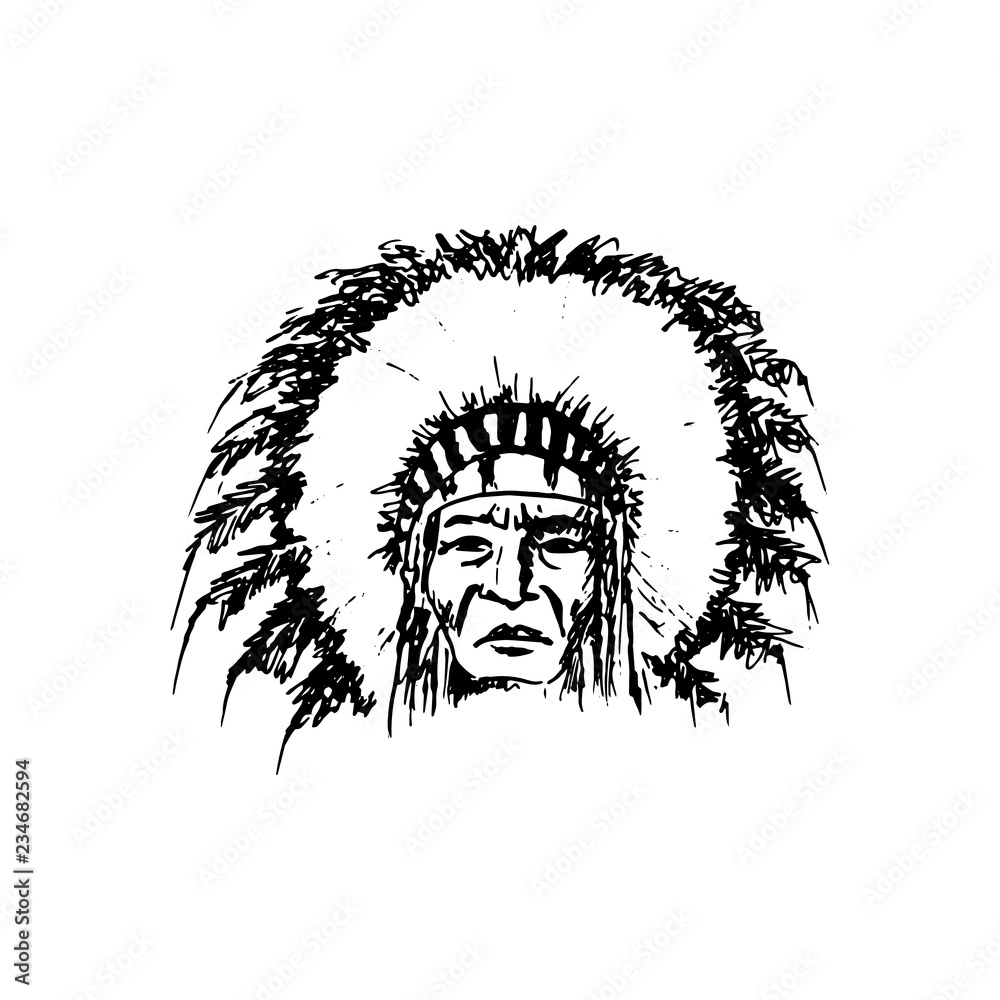 Stylized cartoon sketch North American Indian chief , face, isolated on white