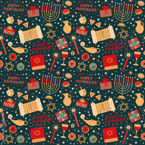 Bright cheerful Happy Hanukkah vector pattern, seamless repeat with red, green and beige shades. Modern graphic style. Great for gift wrapping paper, greeting cards, editorial & apparel design etc.
