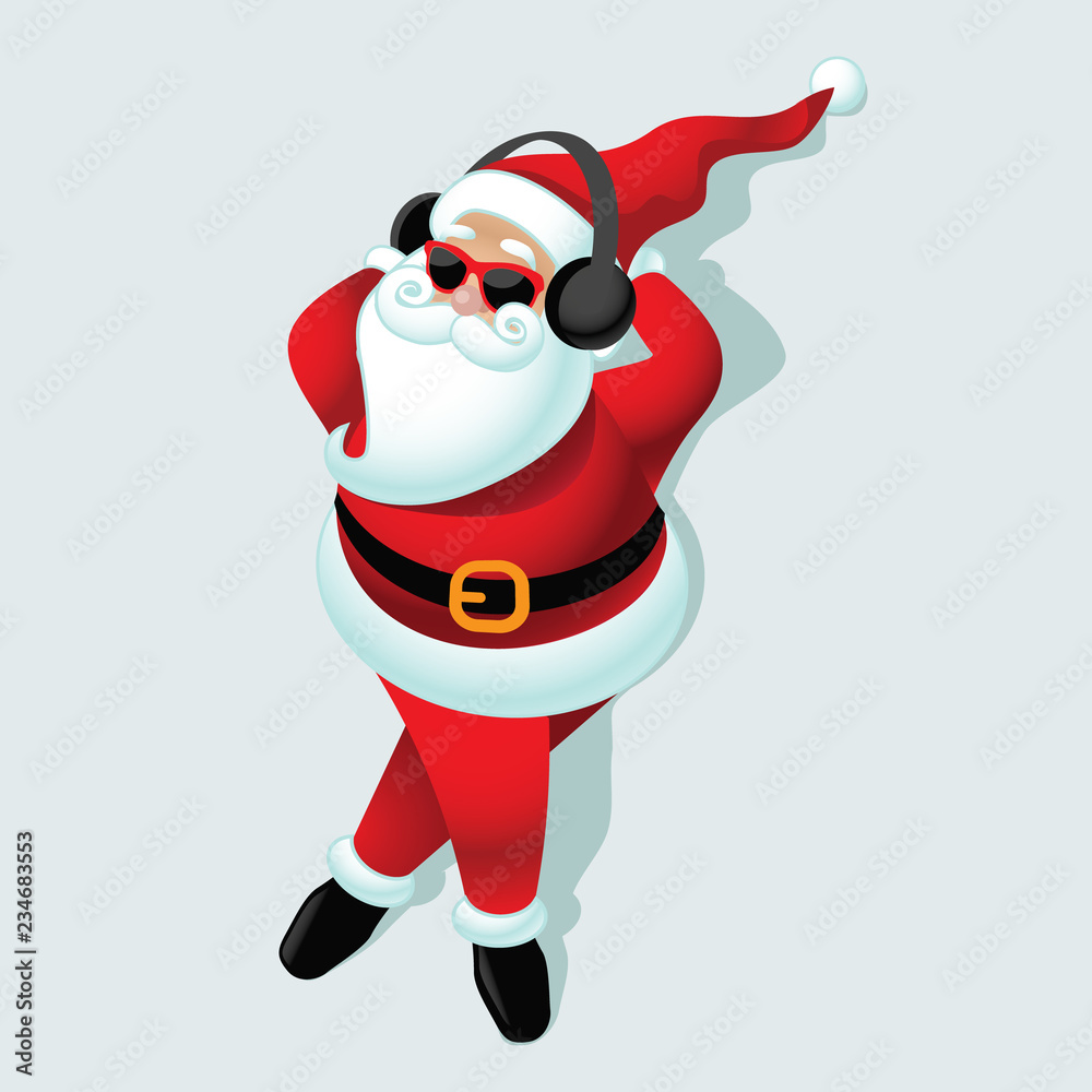 Cartoon Santa Claus listening to Christmas music on his headphones