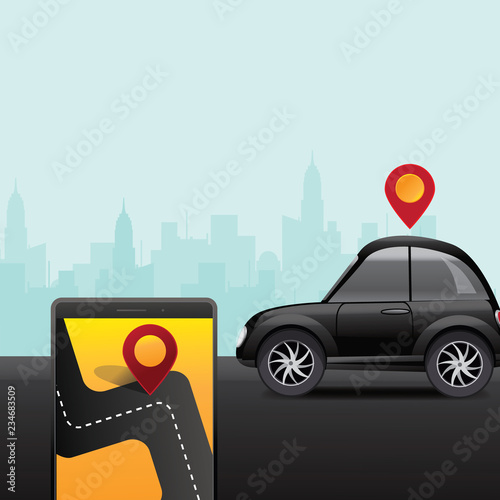 Smart phone with Ride share App concept. Eps10 vector illustration.
