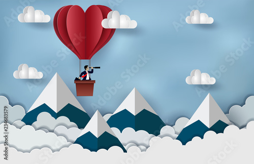 Businessman standing in The hot air balloon red holding binocular. Floating in the sky to goal to achieve success. business Concept. creative idea. illustration of  cloud and mountain. paper art